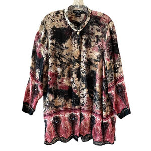 CITRON SANTA MONICA Size 1X Black Wine Silk Sheer Embroidered Sequins Tunic Top